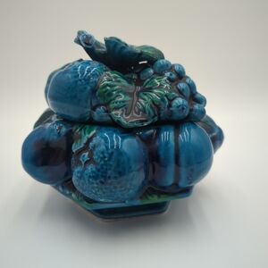 Inarco Mood Indigo Blue Ceramic Cookie Candy Jar Japan Fruit Vintage 1960s